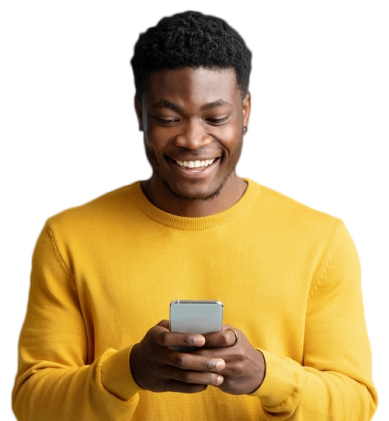 black guy smiling and pressing phone